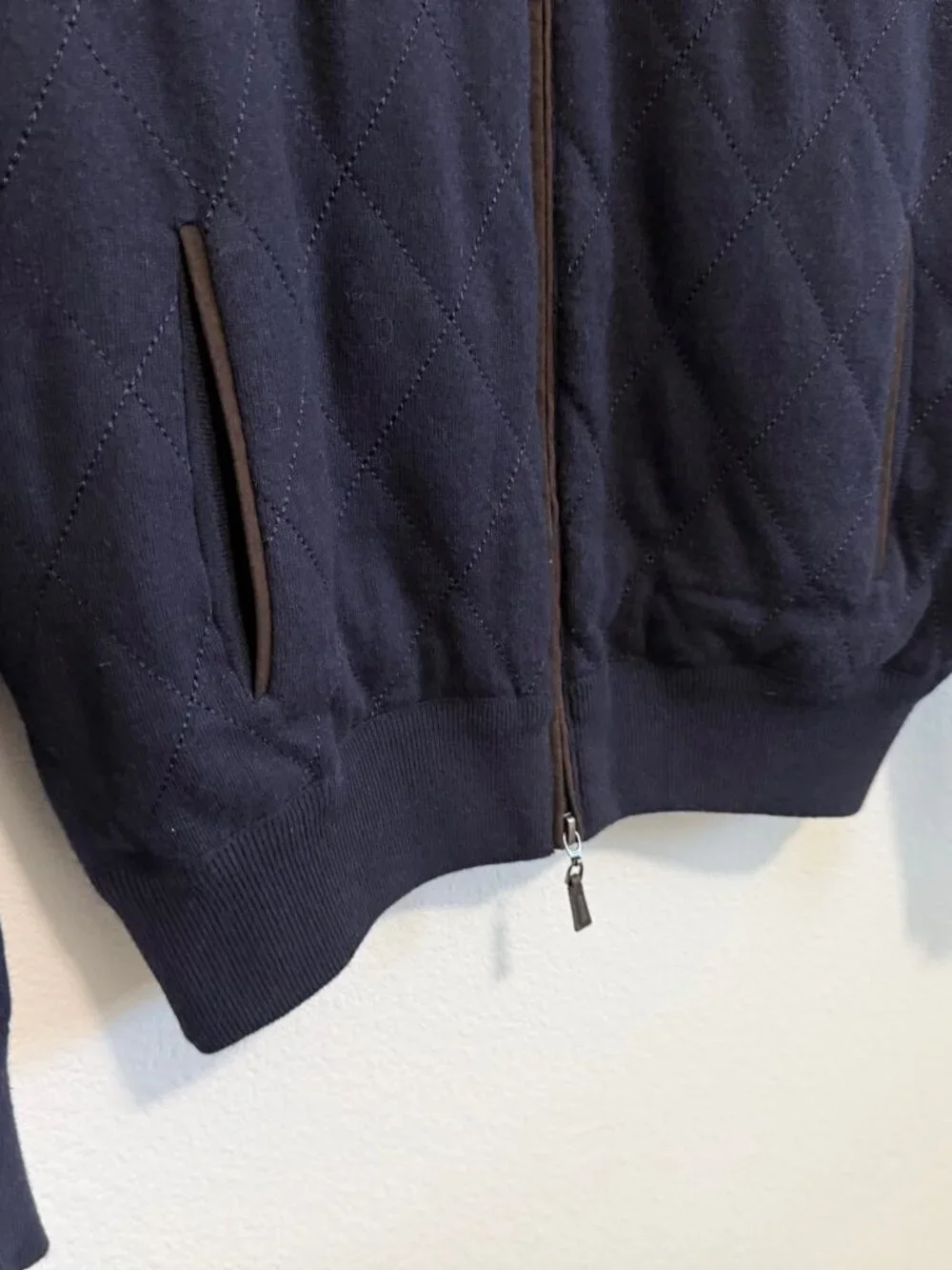 Peter Millar Navy Blue Wool Blend Long Sleeve Zip Up Quilted Sweater Size M